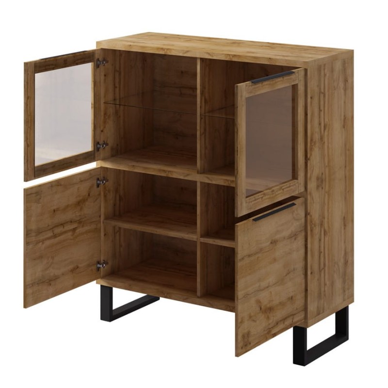 Witryna Halle 42 Komoda z Przeszkleniem Szerokość 120 cm Wysoka 140 cm Do Salonu Pokoju Nowoczesna W stylu LOFT Industrial Metalowe Czarne Nóżki Dąb WOTAN Środek Otwarta.jpg