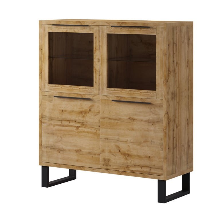 Witryna Halle 42 Komoda z Przeszkleniem Szerokość 120 cm Wysoka 140 cm Do Salonu Pokoju Nowoczesna W stylu LOFT Industrial Metalowe Czarne Nóżki Dąb WOTAN.jpg