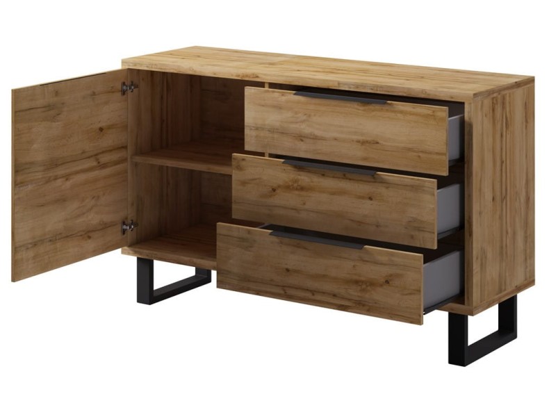 Komoda Halle 47 Szeroka Szerokość 144 cm Wysoka 82 cm 3-Szuflady Drzwi Do Salonu Pokoju Nowoczesne Meble Styl LOFT Dąb WOTAN Otwarta.jpg