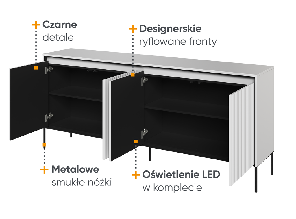 Komoda TREND TR4BIC szerokość 193 cm komoda 4d z oświetleniem- biały/czarny/frezowanie półkole Komfort Pojemna Do Sypialni Do Salonu Nowoczesność