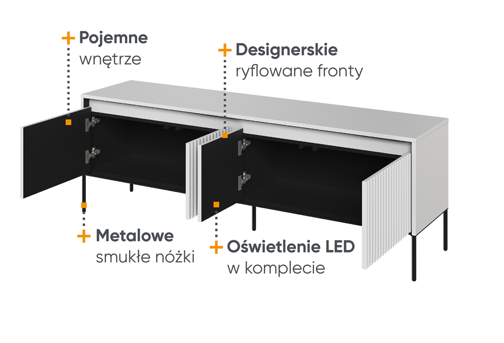Szafka RTV TREND TR5BIC szerokość 167 cm 4d z oświetleniem 166 - biały/czarny/frezowanie półkole Komfort Pojemna Do Salonu Nowoczesność