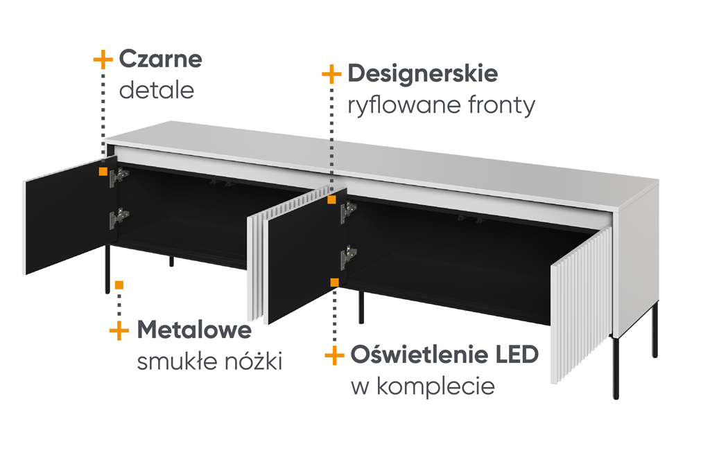 Szafka RTV TREND TR6BIC szerokość 193 cm 4d z oświetleniem 192 - biały/czarny/frezowanie półkole Komfort Pojemna Do Salonu Nowoczesność