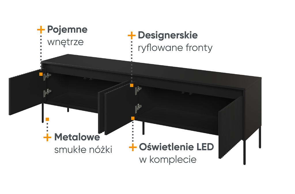 Szafka RTV TREND TR6C szerokość 193 cm 4d z oświetleniem 192 - czarny/frezowanie proste Komfort Pojemna Do Salonu Nowoczesność