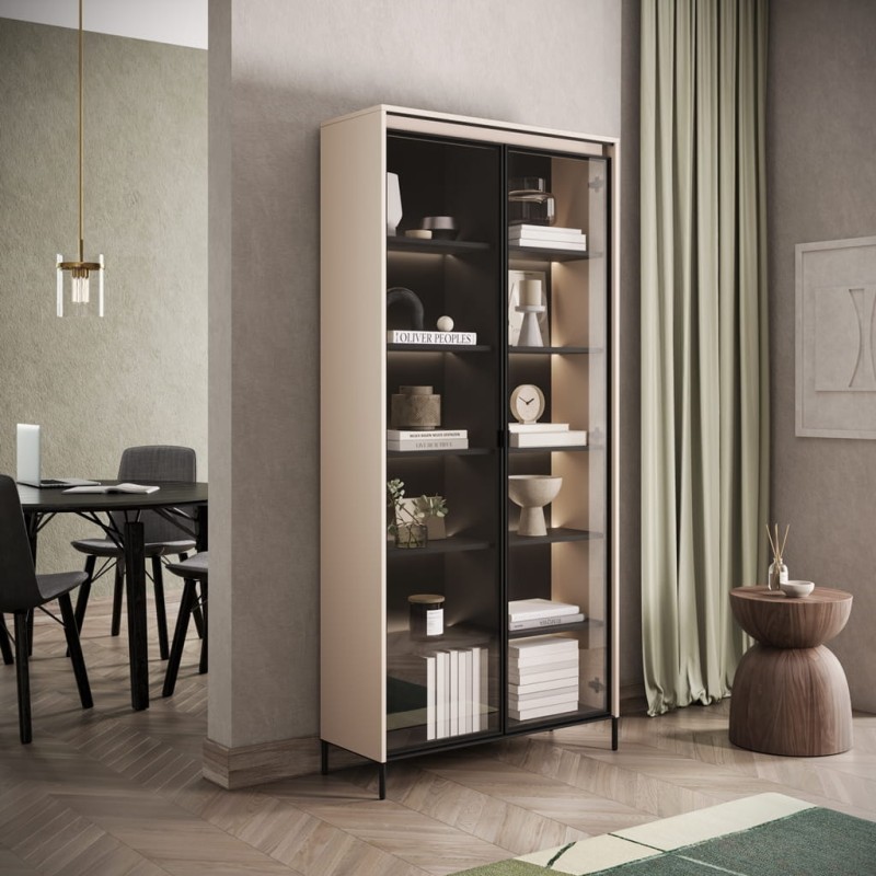 Witryna TREND TR7BPC szerokość 92 cm 2w z oświetleniem - beż piaskowy/czarny Do Salonu Nowoczesność