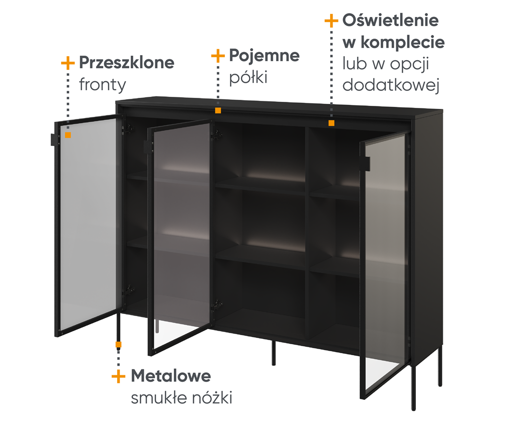 Witryna TREND TR8C szerokość 150 cm 3w z oświetleniem - czarny Do Salonu Nowoczesność