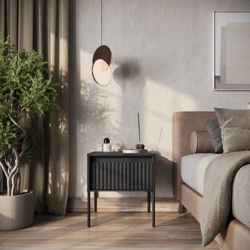 Stolik nocny TREND TR10C szerokość 46 cm z oświetleniem- czarny/frezowanie proste Do Salonu Nowoczesność