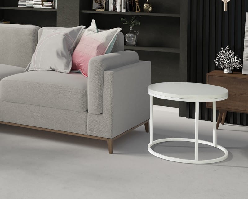 Stolik kawowy okrągły 60 cm industrialny loft ława do salonu stelaż biały blat biały aranżacja