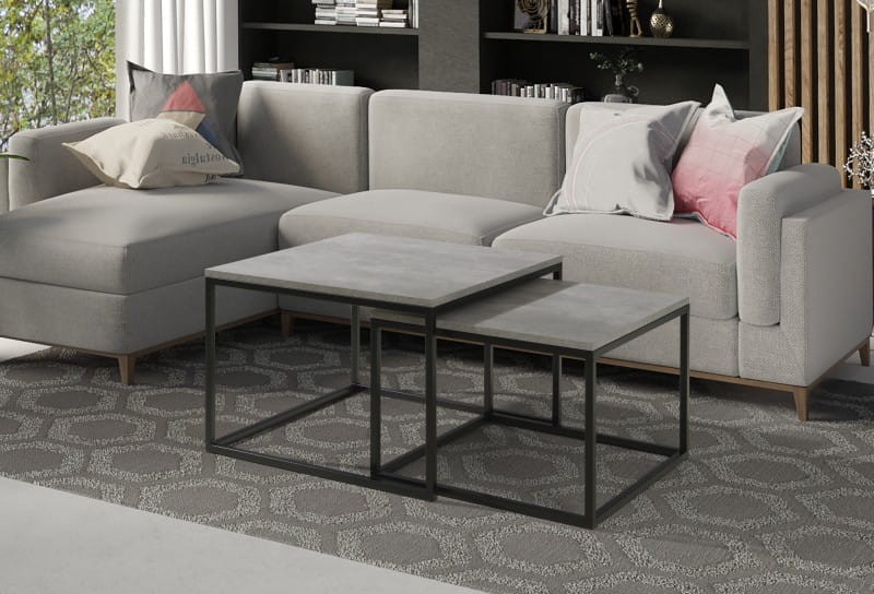 Zestaw dwóch stolików kwadratowych loft styl industrialny stelaż czarny blat dąb denver grafitowy