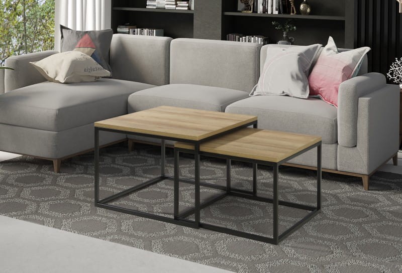 Zestaw dwóch stolików kwadratowych loft styl industrialny stelaż czarny blat dąb riviera