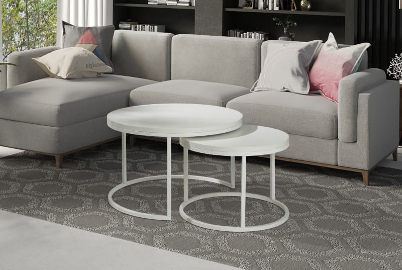 Zestaw kawowy dwóch stolików okrągłych 2w1 industrialny loft ława do salonu stelaż biały blat biały aranżacja