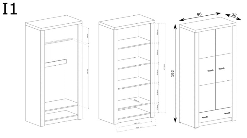 Szafa dwudrzwiowa szerokość 96 cm INDIANAPOLIS I1 Jesion ciemny Do Salonu Do Pokoju Dziennego Nowoczesny Styl Funkcjonalna Wysoka Jakość