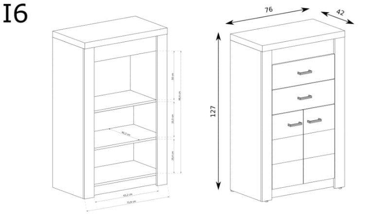 Komoda 2 szuflady szerokość 76 cm INDIANAPOLIS I6 Jesion ciemny Do Salonu Do Pokoju Dziennego Nowoczesny Styl Funkcjonalna Wysoka Jakość Wymiary