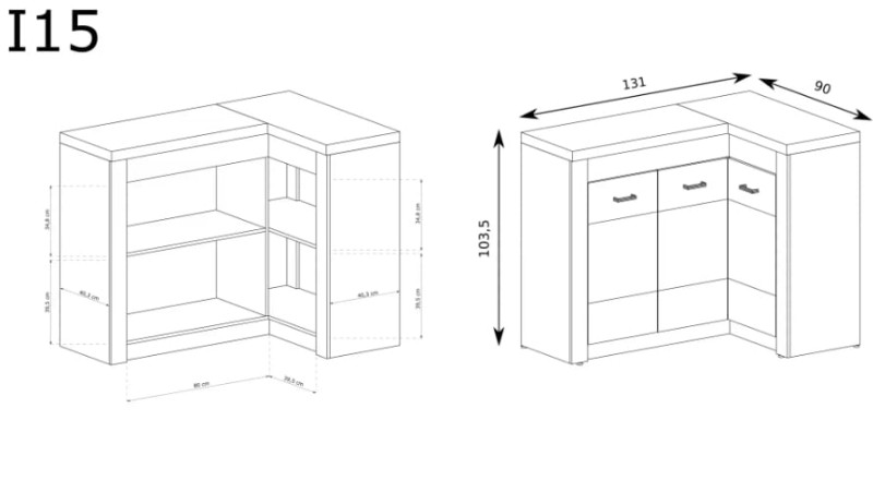 Komoda narożna szerokość 131 cm INDIANAPOLIS I15 Jesion ciemny Do Salonu Do Pokoju Dziennego Nowoczesny Styl Funkcjonalna Wysoka Jakość Wymiary