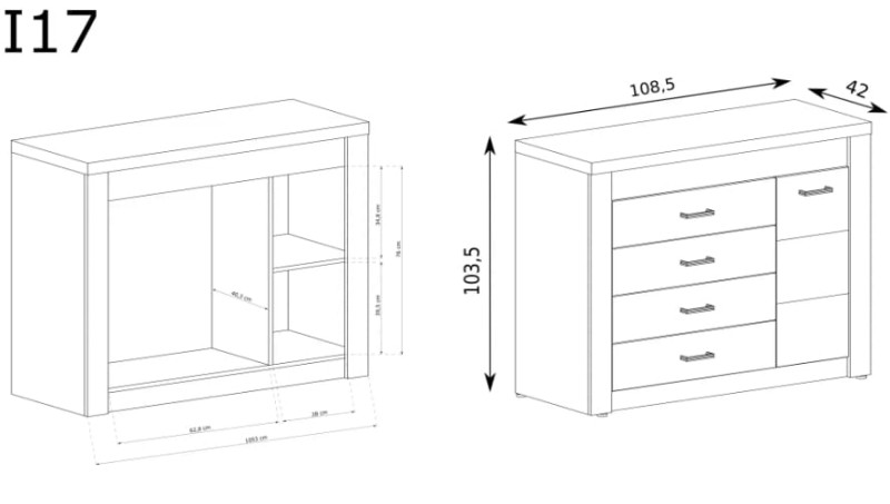 Komoda  z 4 szufladami szerokość 108,5 cm INDIANAPOLIS I17 Jesion ciemny Do Salonu Do Pokoju Dziennego Nowoczesny Styl Funkcjonalna Wysoka Jakość