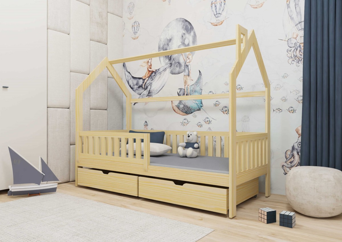 Łóżko NIKODEM Domek Drewniane Sosnowe Barierka Szuflada Białe Naturalne 1.jpg