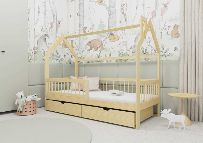 Łóżko OLAF Domek Drewniane Sosna Szuflady Barierka Naturalna.jpg