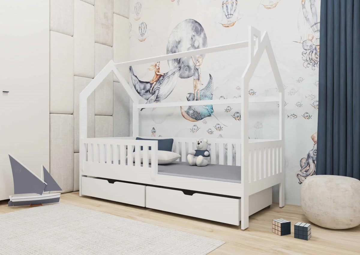 Łóżko NIKODEM Domek Drewniane Sosnowe Barierka Szuflada Białe 1.jpg