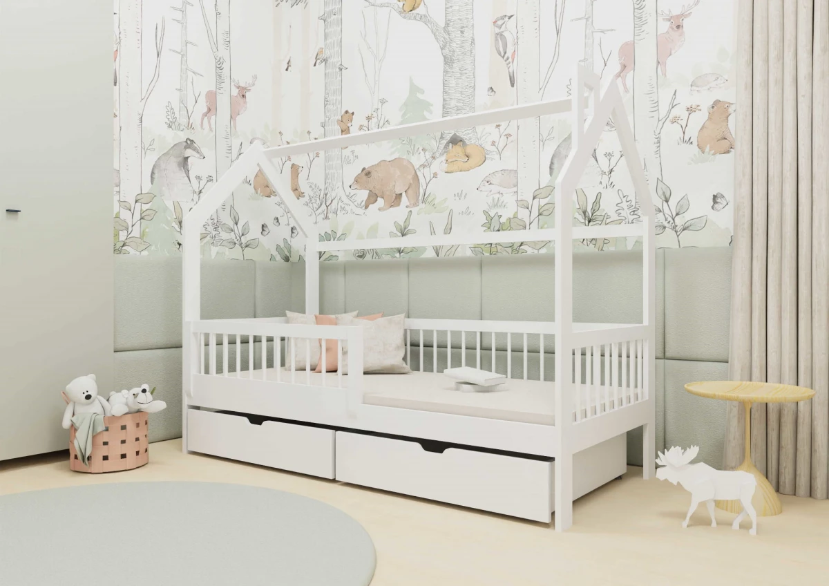 Łóżko OLAF Domek Drewniane Sosna Szuflady Barierka Biały.jpg