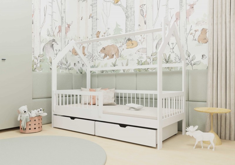 Łóżko OLAF Domek Drewniane Sosna Szuflady Barierka Biały.jpg