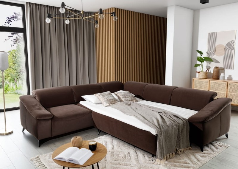 Zdjęcie Prezentujące Rozłożoną Funkcję Spania w Narożniku Large POTENZA 270 cm z Podłokietnikami