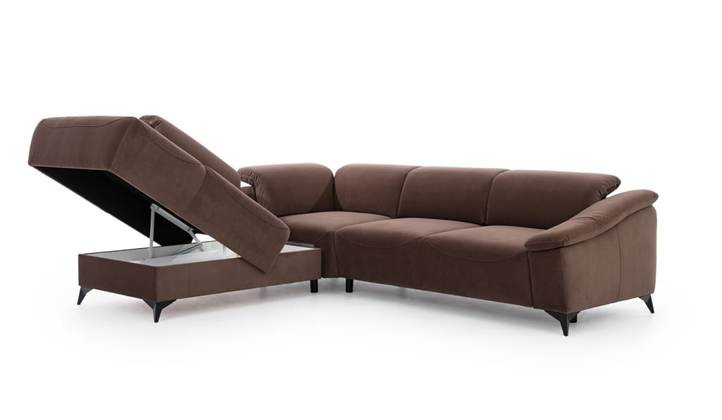 Zdjęcie Prezentujące Otwarty Pojemnik na Pościel w Narożniku 2 POTENZA 270 cm z Szezlongiem