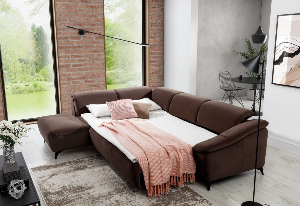 Zdjęcie Prezentujące Rozłożoną Funkcję Spania w Narożniku 2 POTENZA 270 cm z Podłokietnikami