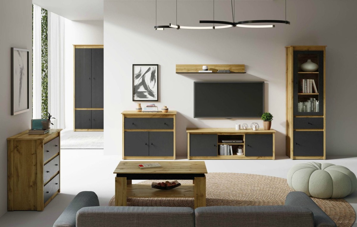 System mebli LUNA pokój dzienny salon hol aranżacja koloru czarny + dąb wotan