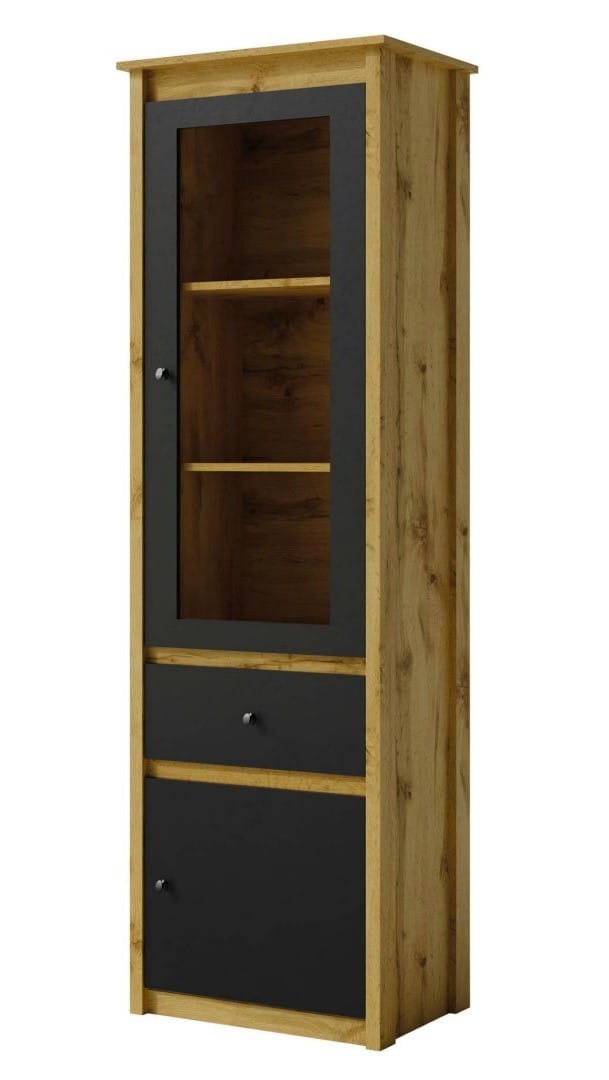 Witryna wysoka LUNA LN-2 szerokość 64 cm szuflada drzwi kolor czarny + dąb wotan