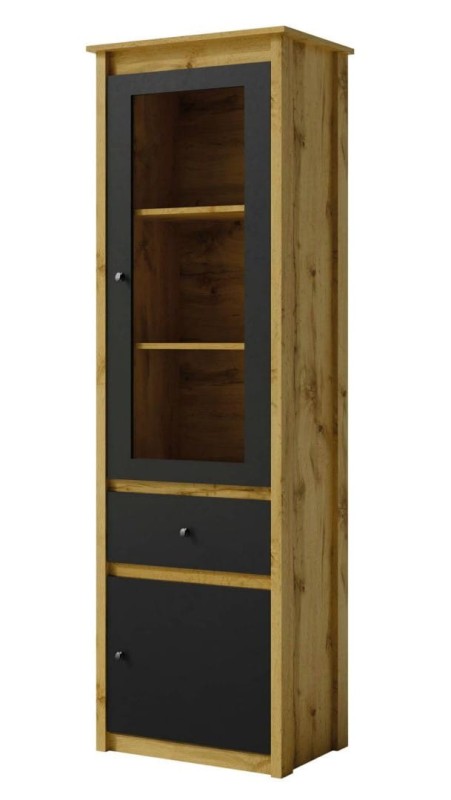 Witryna wysoka LUNA LN-2 szerokość 64 cm szuflada drzwi kolor czarny + dąb wotan