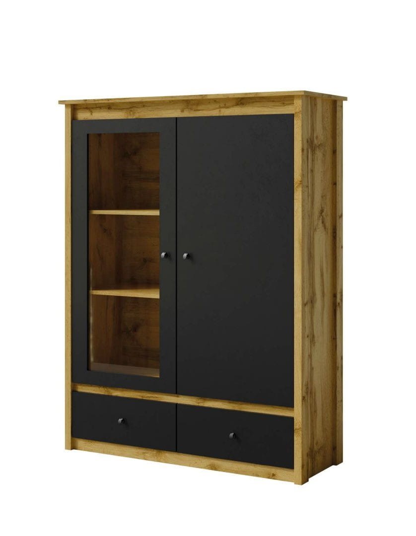 Komoda - Witryna LUNA LN-5 szerokość 117 cm dwudrzwiowa szuflady kolor czarny +  dąb wotan