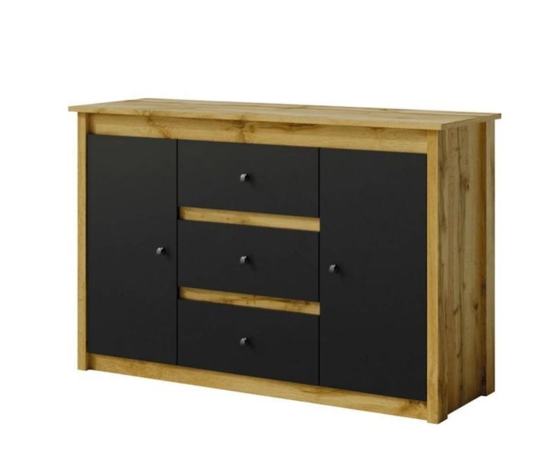 Komoda 120 LUNA LN-7 szerokość 127 cm 3 szuflady kolor czarny + dąb wotan