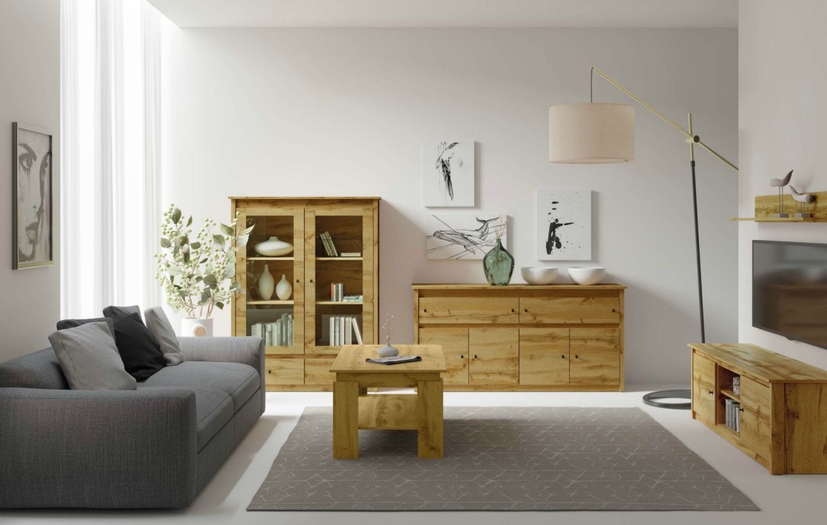 System mebli LUNA pokój dzienny  szafka RTV aranżacja  kolor dąb wotan