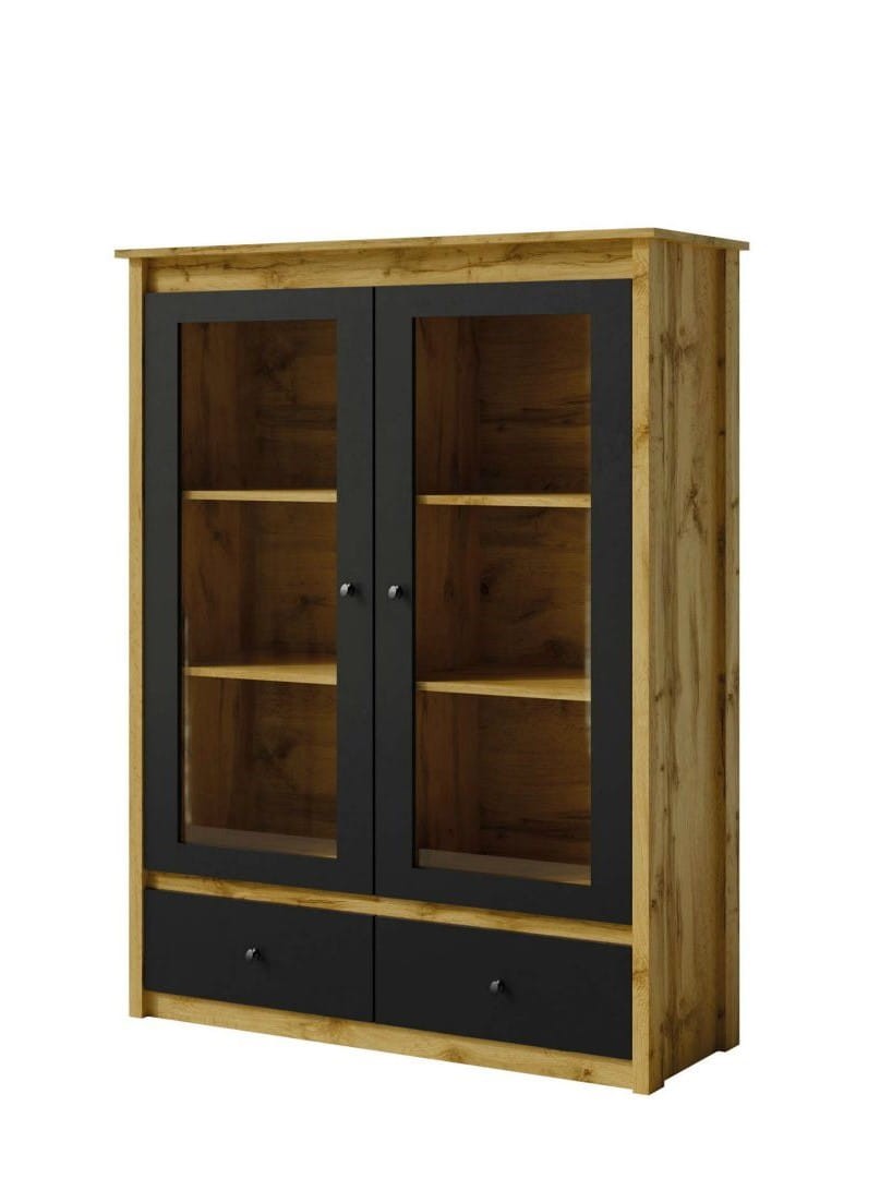 Witryna niska LUNA LN-4 szerokość 117 cm dwudrzwiowa szuflady kolor czarny + dąb wotan