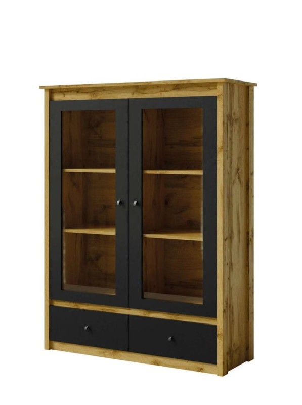 Witryna niska LUNA LN-4 szerokość 117 cm dwudrzwiowa szuflady kolor czarny + dąb wotan