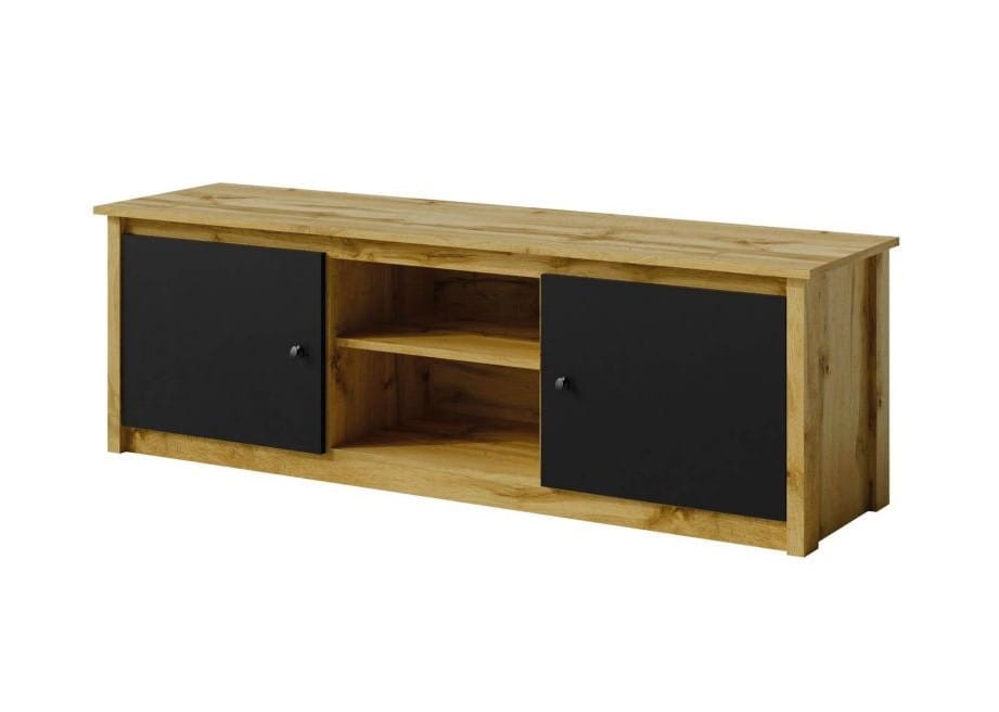 Szafka RTV 150 LUNA LN-10 szerokość 157 cm półki drzwi kolor czarny +  dąb wotan