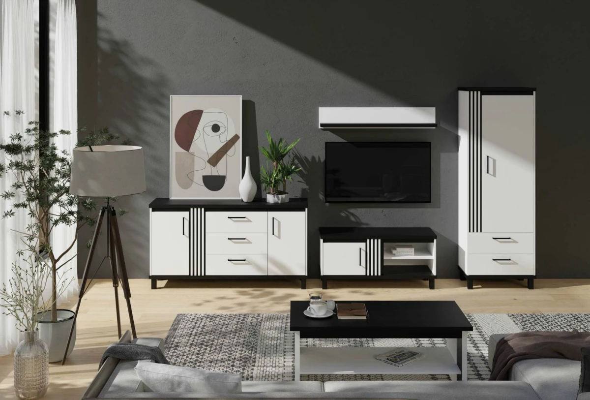 System mebli  NADIA aranżacja salon w kolorze biały + czarny