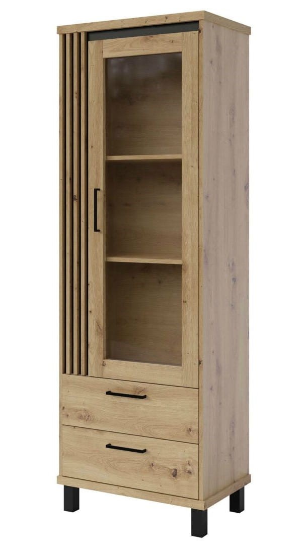 Witryna wysoka NADIA ND-2 szerokość 67 cm drzwi szuflady loft kolor dąb artisan + czarny