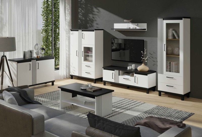 Zestaw mebli do salonu NADIA 1 pokój dzienny styl industrialny loft kolor biały + czarny