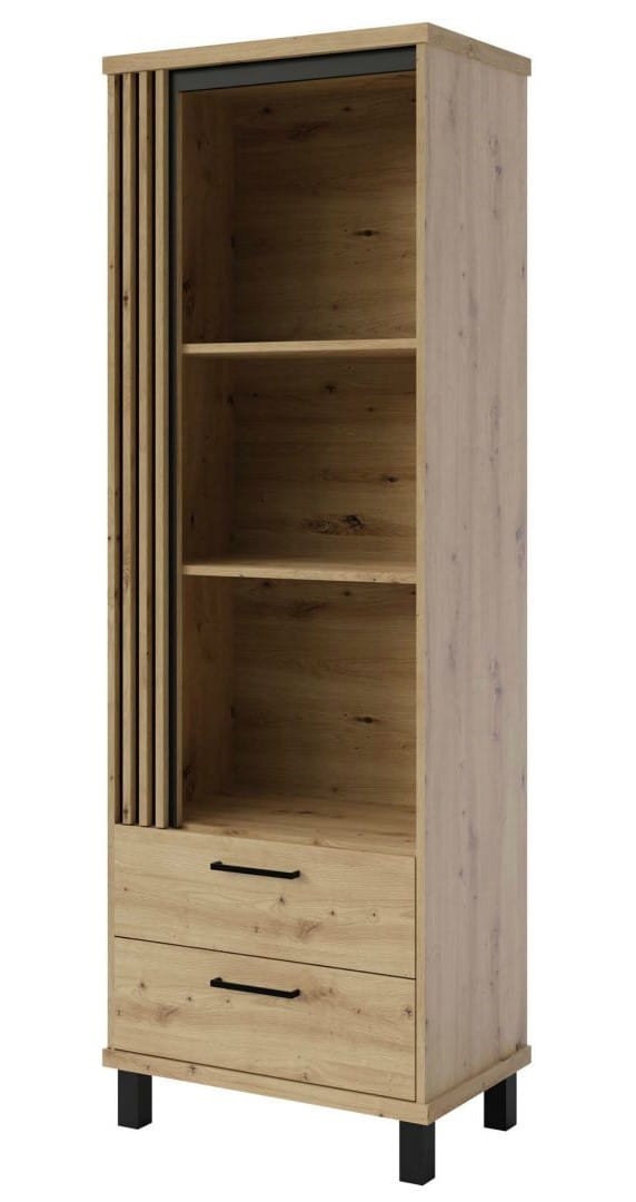 Regał otwarty NADIA ND-4 szerokość 67 cm wysoki półki szuflady kolor dąb artisan + czarny