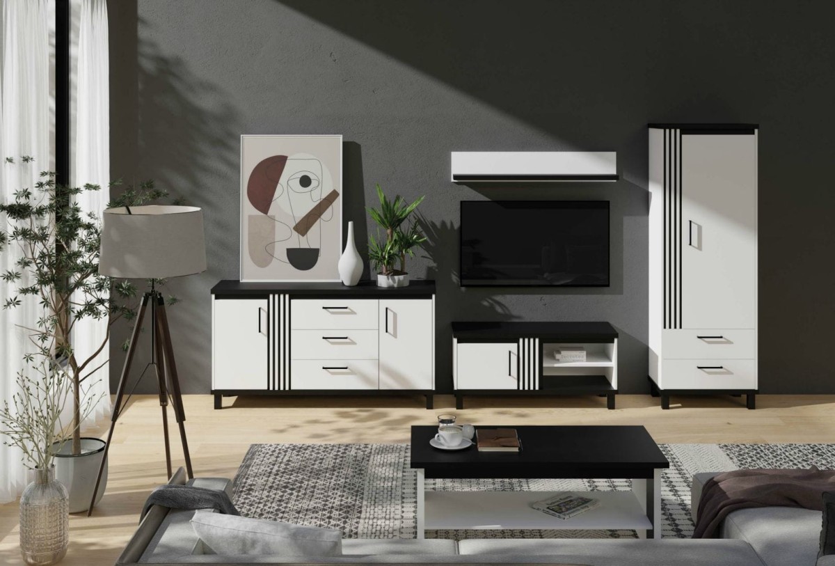 Meblościanka + ława zestaw NADIA pokój dzienny typu loft kolor biały + czarny