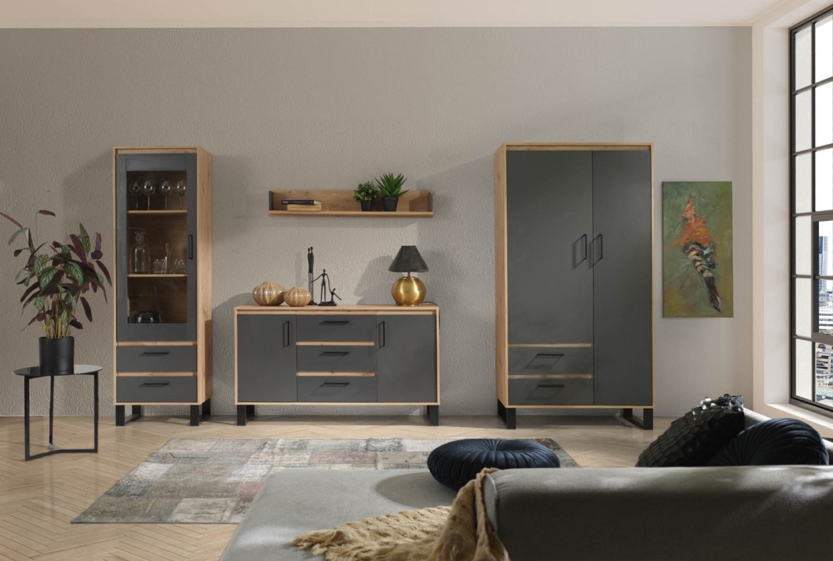 Szafa otwierana NEWADA NW-2 szerokość 100 cm na nóżkach drzwi szuflady kolor antracyt + dąb artisan