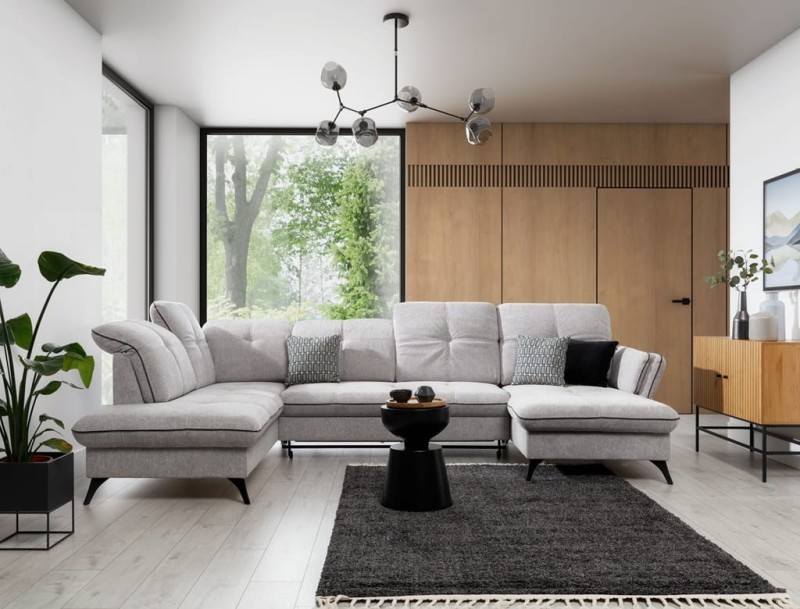 Zdjęcie Prezentujące Nowoczesny Narożnik 5 MASIMO 321 - 335 cm na Wysokich Nóżkach w Salonie