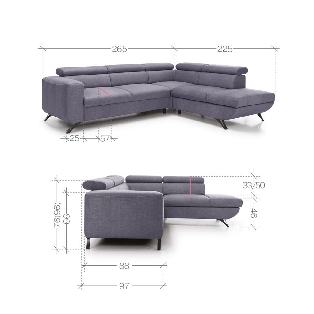 Zdjęcie Wymiarów Prawostronny Narożnik ARATTA 265 cm z Regulowanymi Zagłówkami