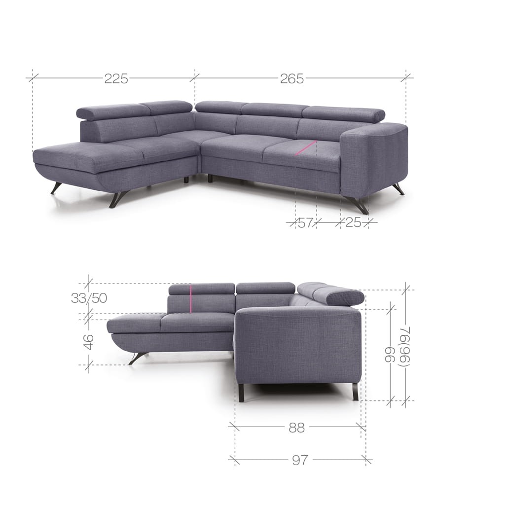 Zdjęcie Wymiarów Lewostronny Narożnik ARATTA 265 cm z Regulowanymi Zagłówkami