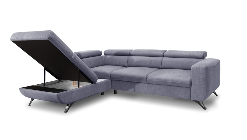 Zdjęcie Prezentujące Otwarty Pojemnik na Pościel w Nowoczesnym Narożniku ARATTA 265 cm z Regulowanymi Zagłówkami