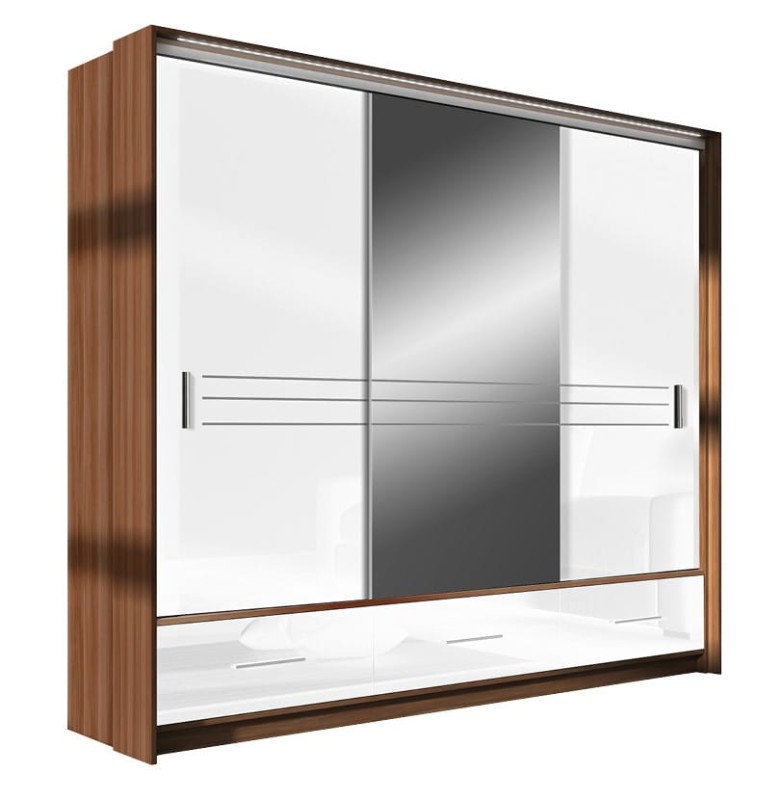 Szafa przesuwna AMSTERDAM 250L drążki półki szuflady lustro biała połysk