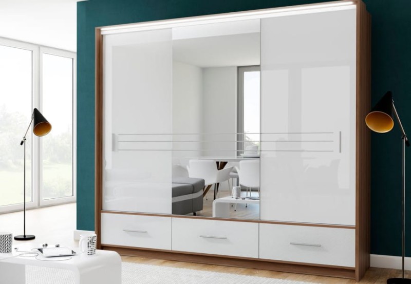 Szafa przesuwna AMSTERDAM 250L drążki półki szuflady lustro biała połysk