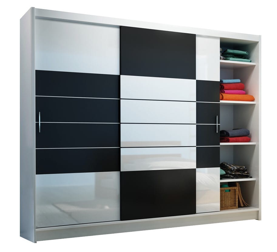 Szafa przesuwna ARUBA 250 drążek półki szuflady biały / czarny