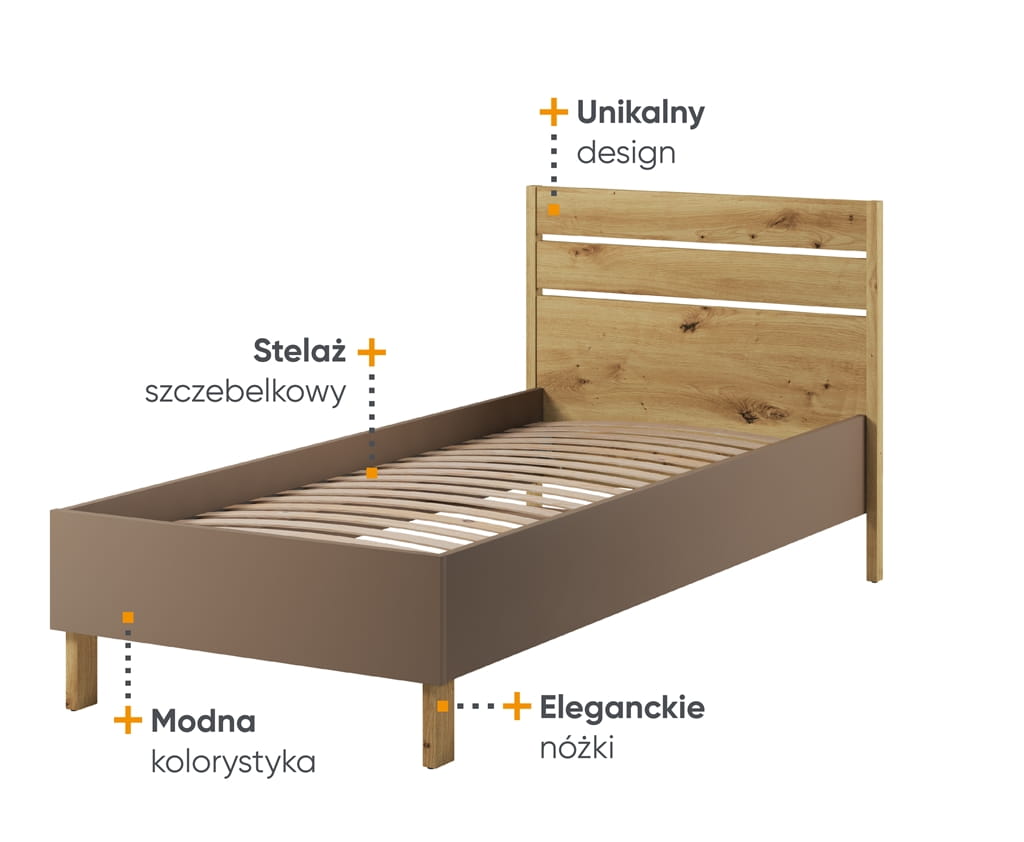 Łóżko ze stelażem LENNY powierzchnia spania 90 x 200 cm dąb artisan/beż/truflowy Tradycyjna Dla nastolatek Do pokoju młodzieżowego