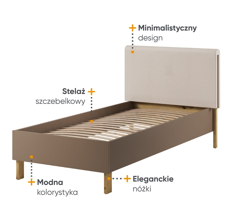 Łóżko ze stelażem LENNY powierzchnia spania 90 x 200 cm dąb artisan/beż/truflowy Tradycyjna Dla nastolatek Do pokoju młodzieżowego